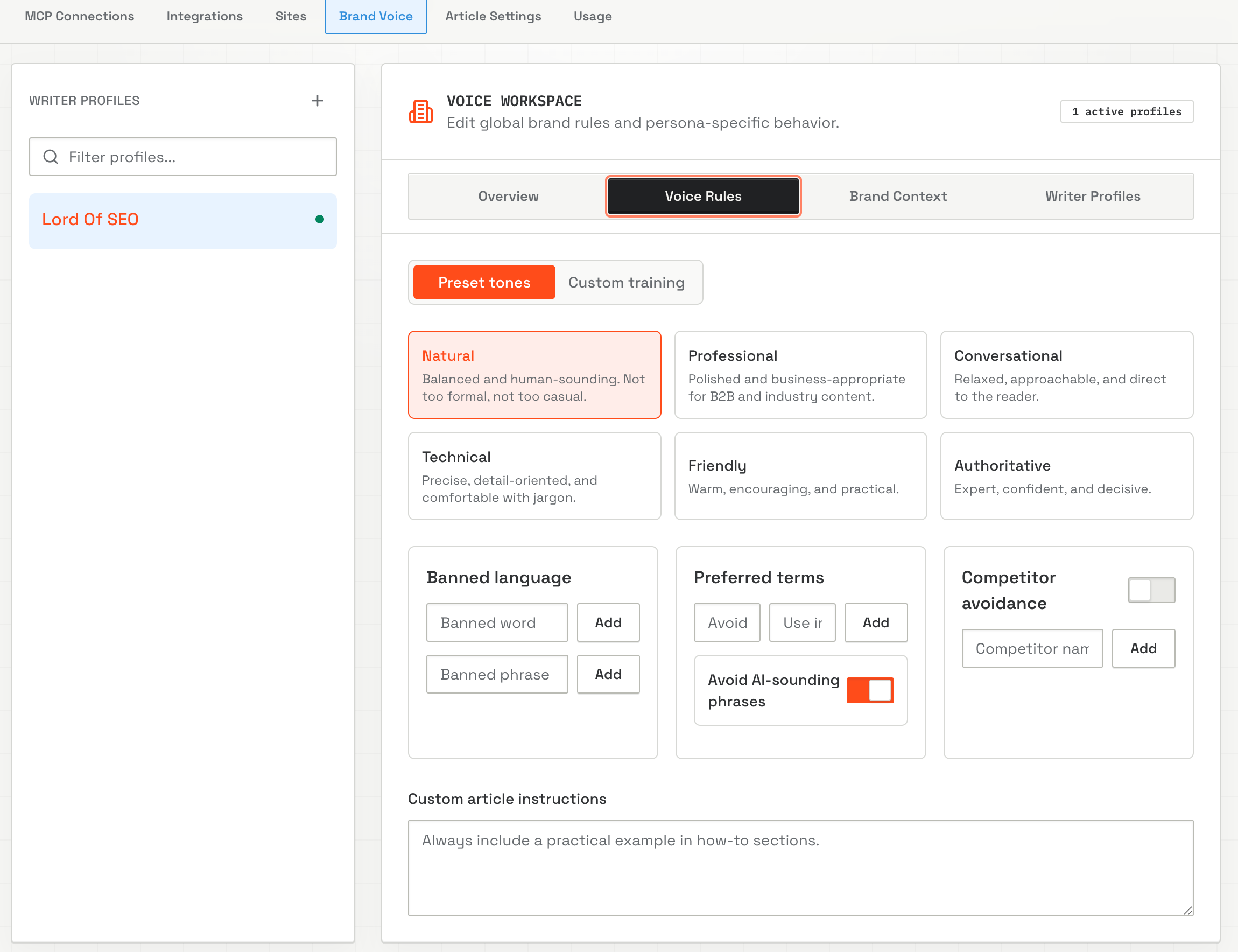 BlogFactory voice rules for tone, banned language, preferred terms, and article instructions