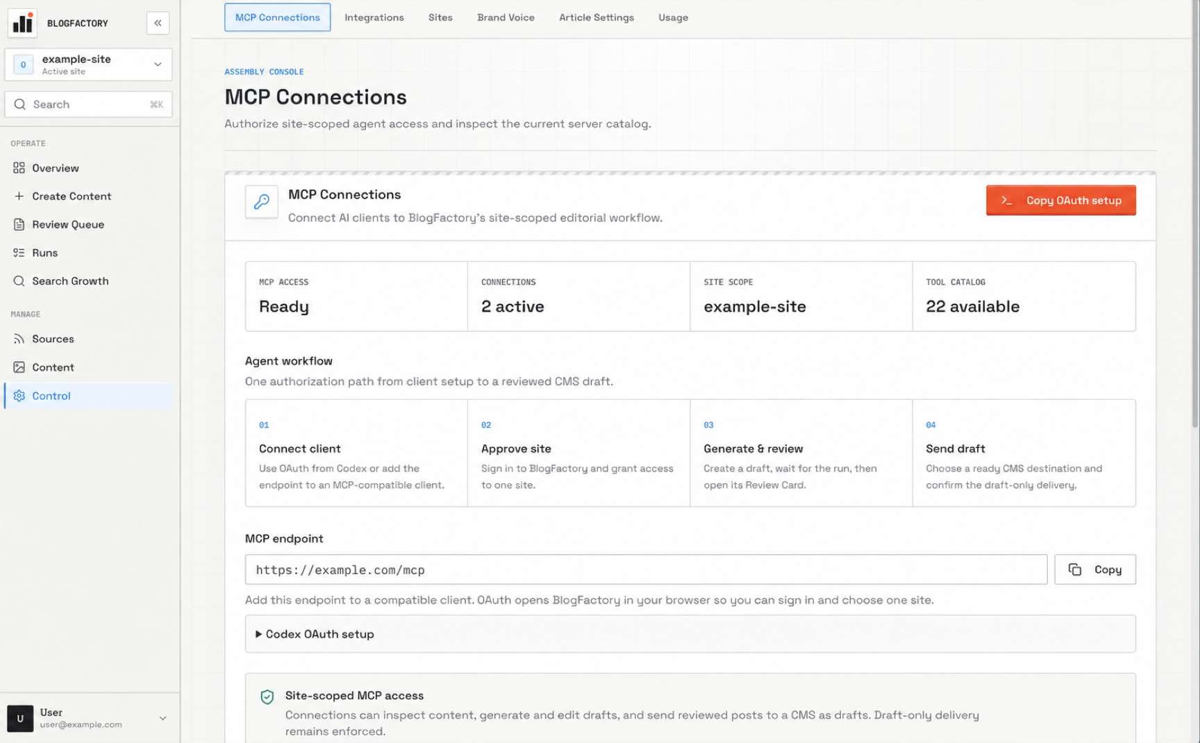 BlogFactory MCP Connections showing site-scoped authorization and agent workflow